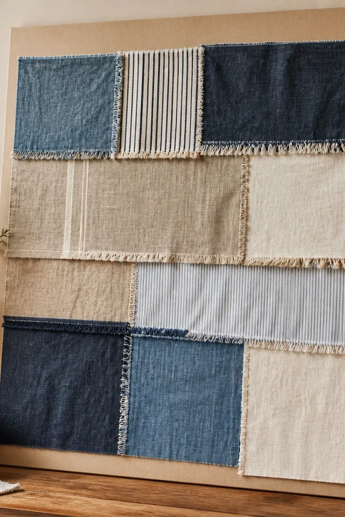 Fabric color blocks with fringe trim on a neutral backing board