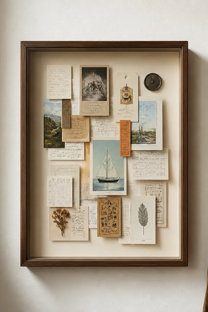 Small shadowbox with layered 3D ticket stubs and receipts on cream paper