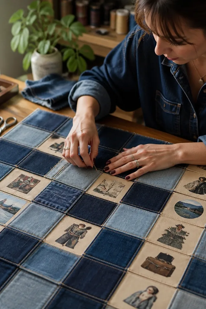 Denim patchwork board with stitched lines and cream paper inserts