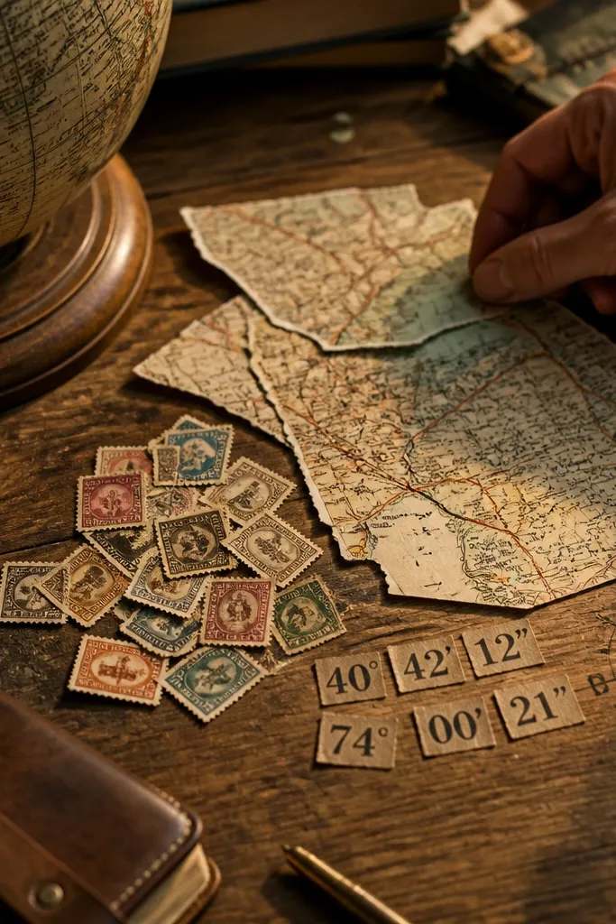 Board with vintage postage stamps, map scraps, and coordinate text