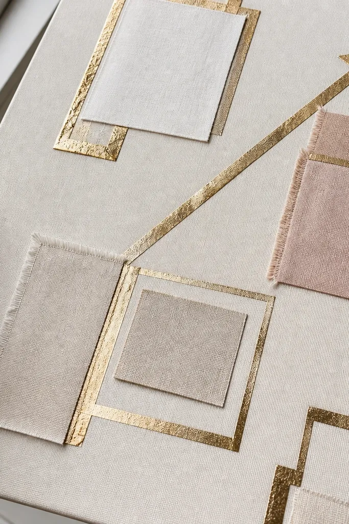 Cream canvas board with gold tape lines and small fabric swatches