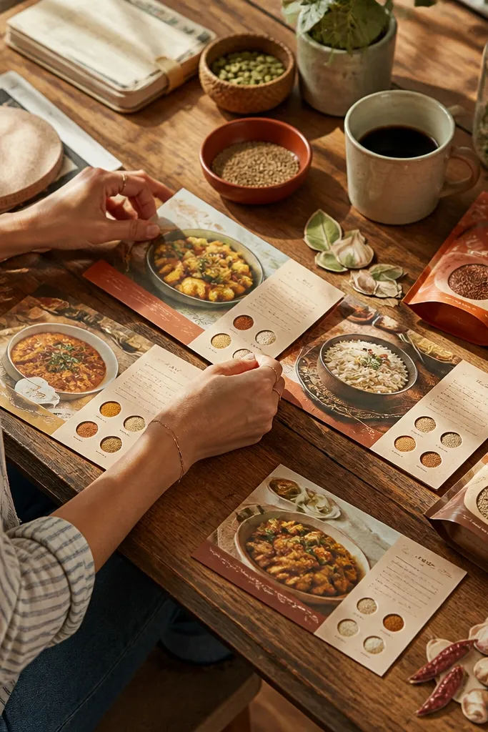 Board with recipe cards and spice packaging textures in warm tones
