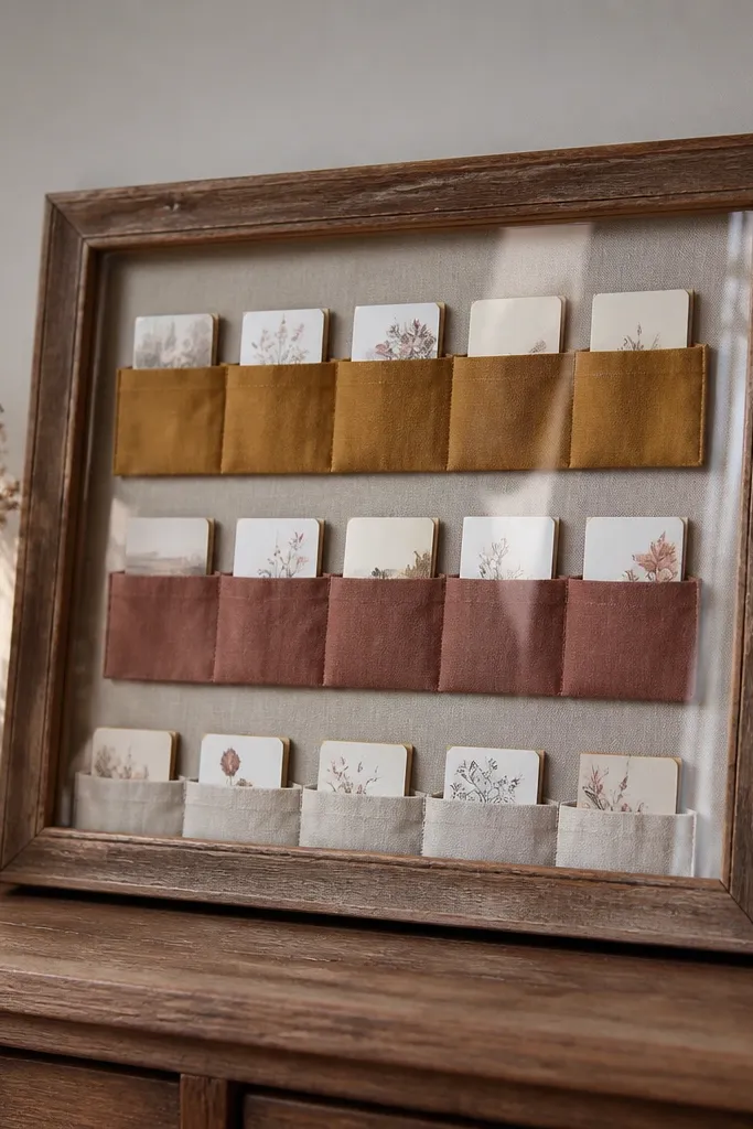 Framed fabric pocket board holding interchangeable cards