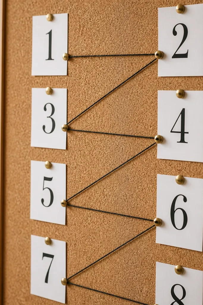 Cork board with pushpins, typography cards, and numbered path lines