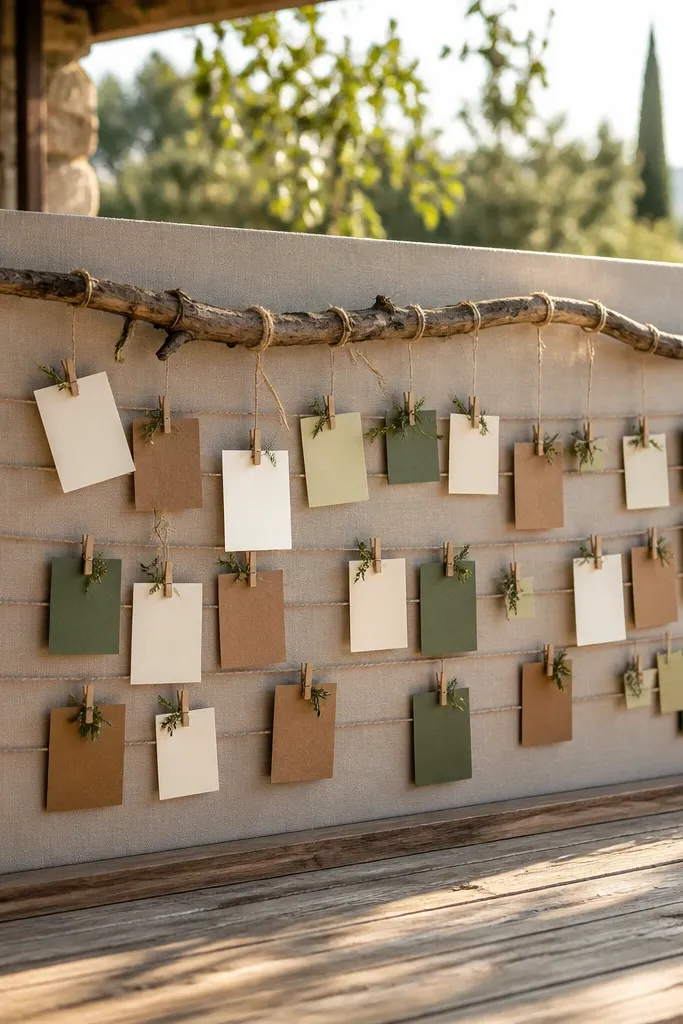 Small branch mounted board with twine and pinned cards in earthy tones