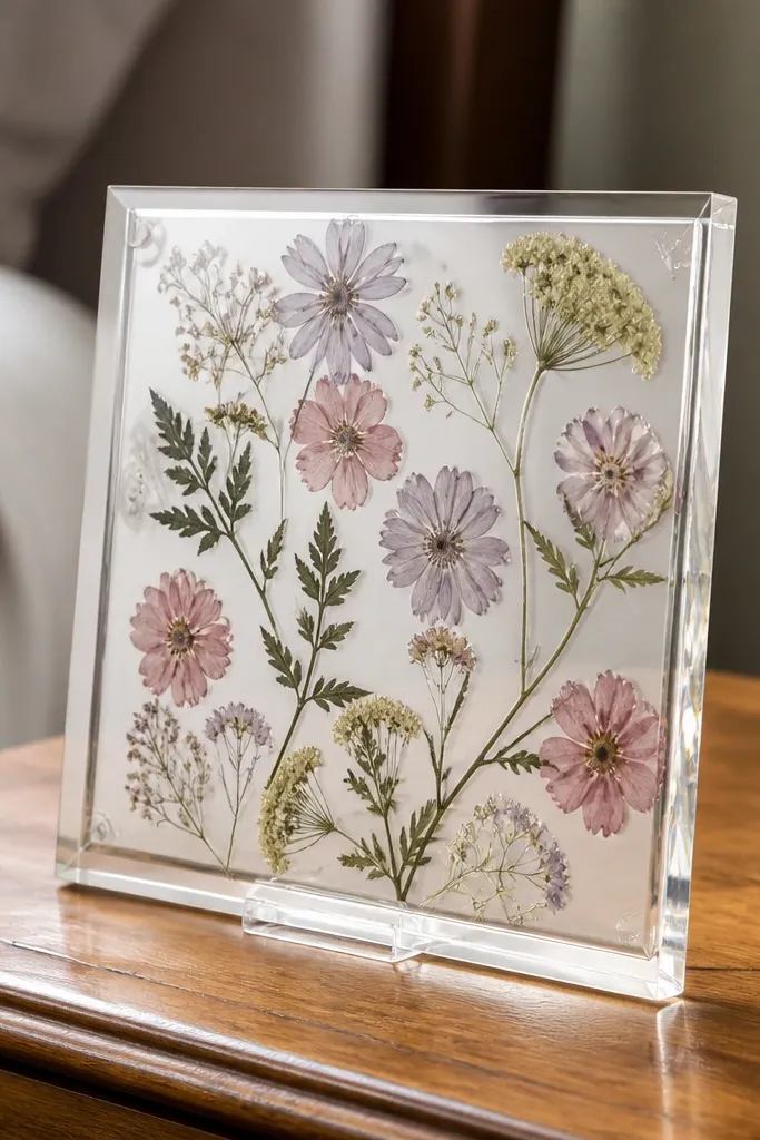 Pressed flowers sealed under clear film in a glossy framed panel