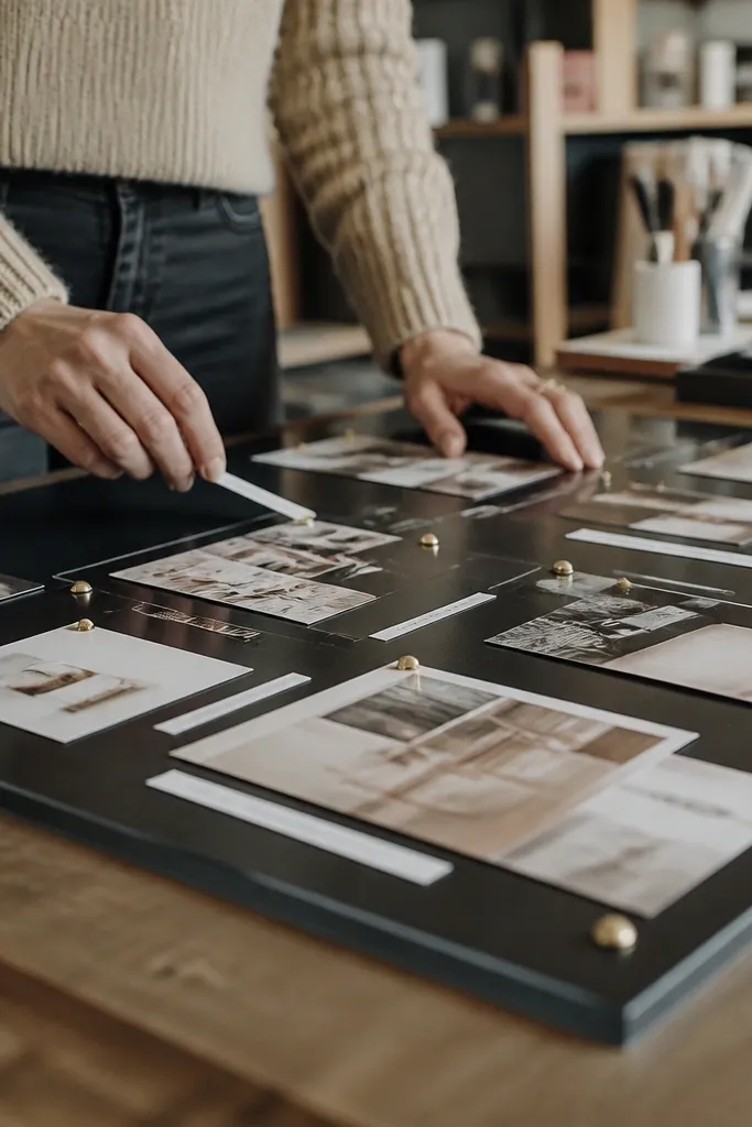 Matte acrylic panel with photos held by tiny tacks and iron-on label strips