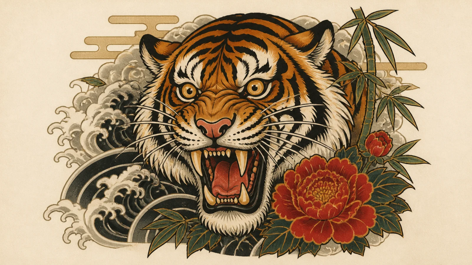 A bold Japanese-style roaring tiger head with a fierce expression