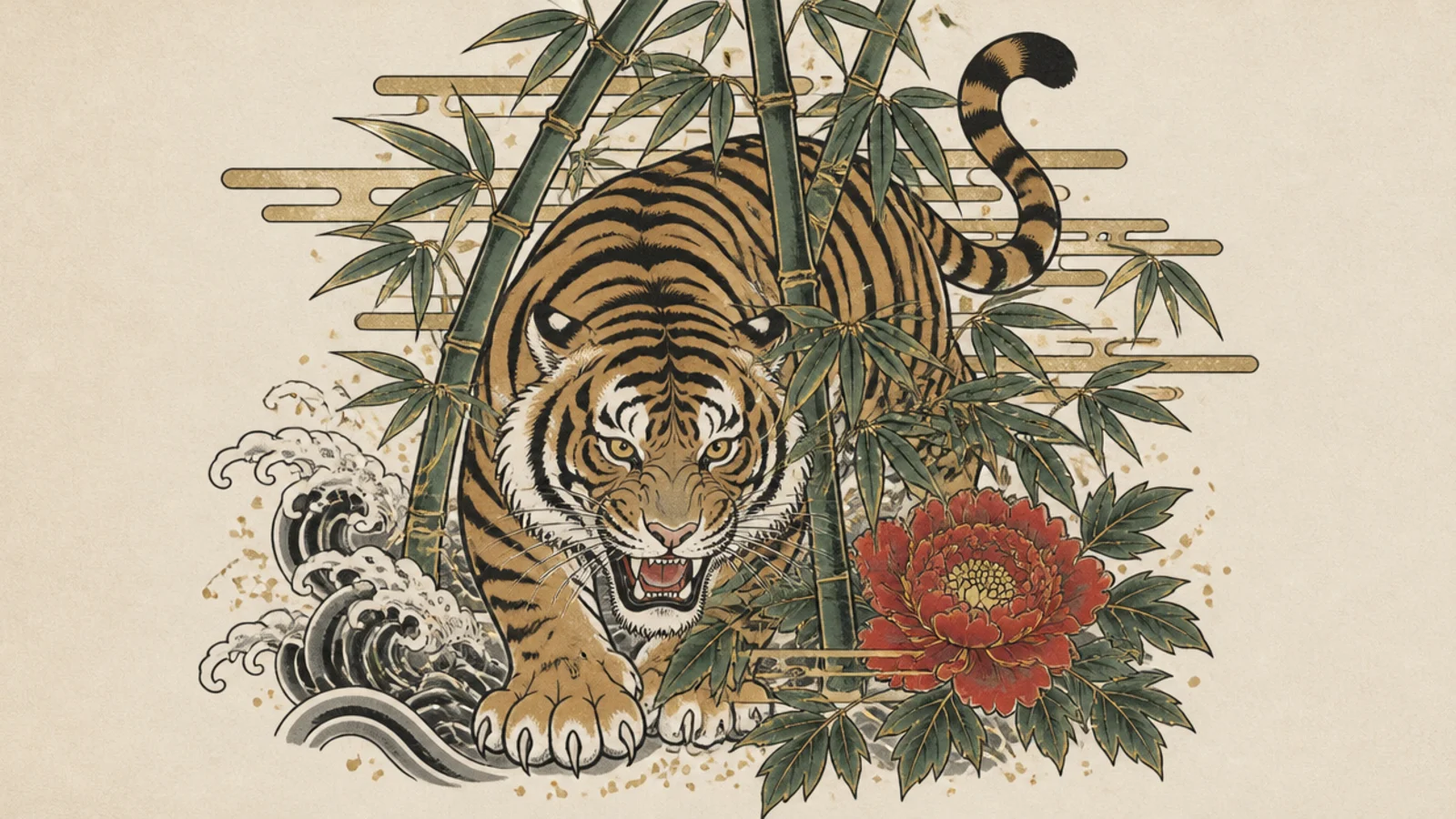 A Japanese-style tiger prowling among bamboo stalks
