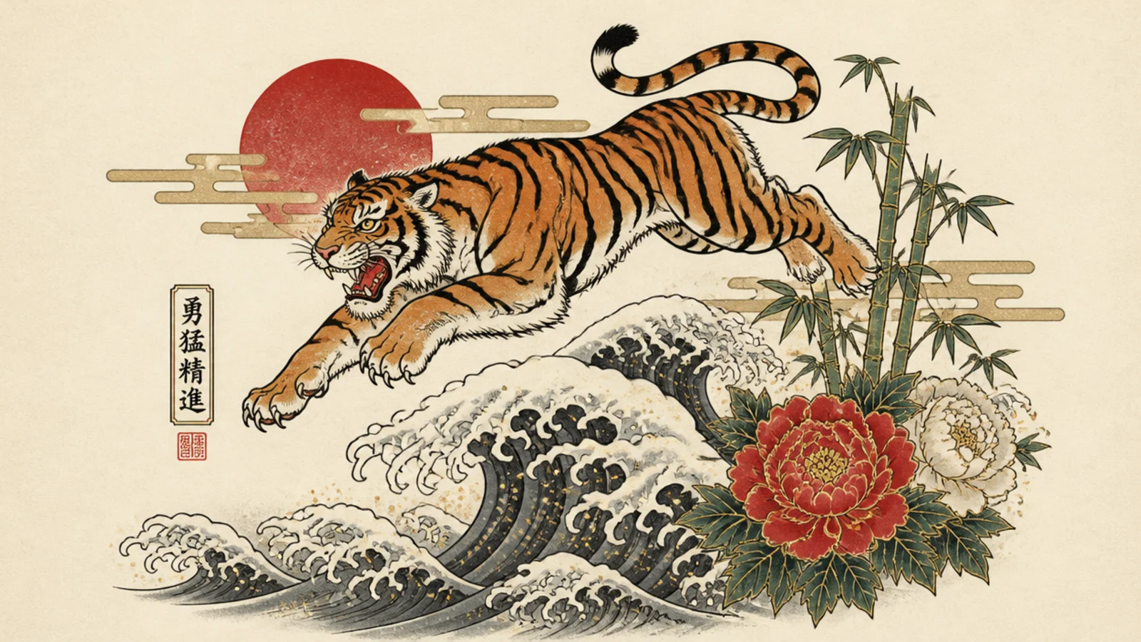 A Japanese-style tiger leaping over a curling ocean wave
