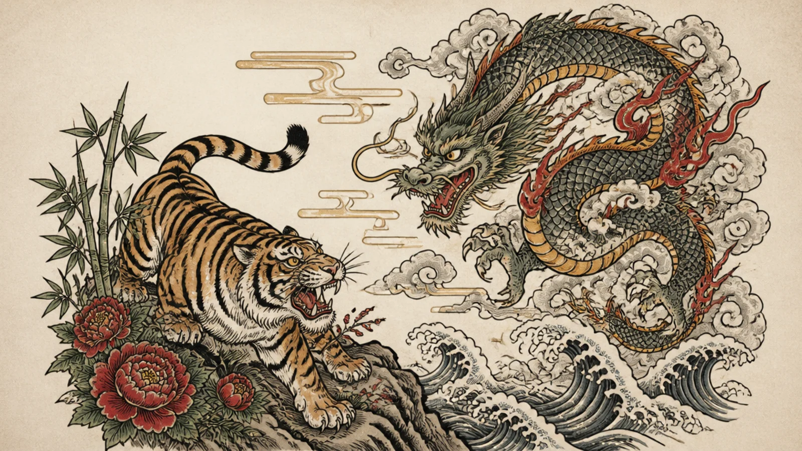 A Japanese-style tiger facing a coiling dragon