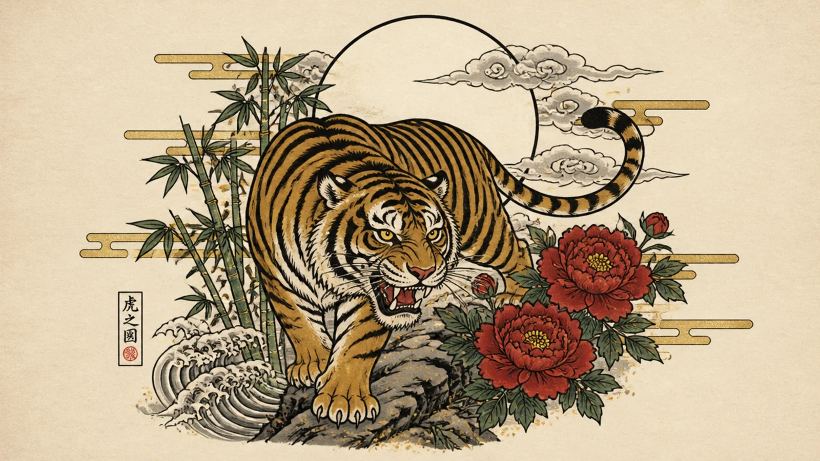 A Japanese-style tiger silhouetted against a large full moon