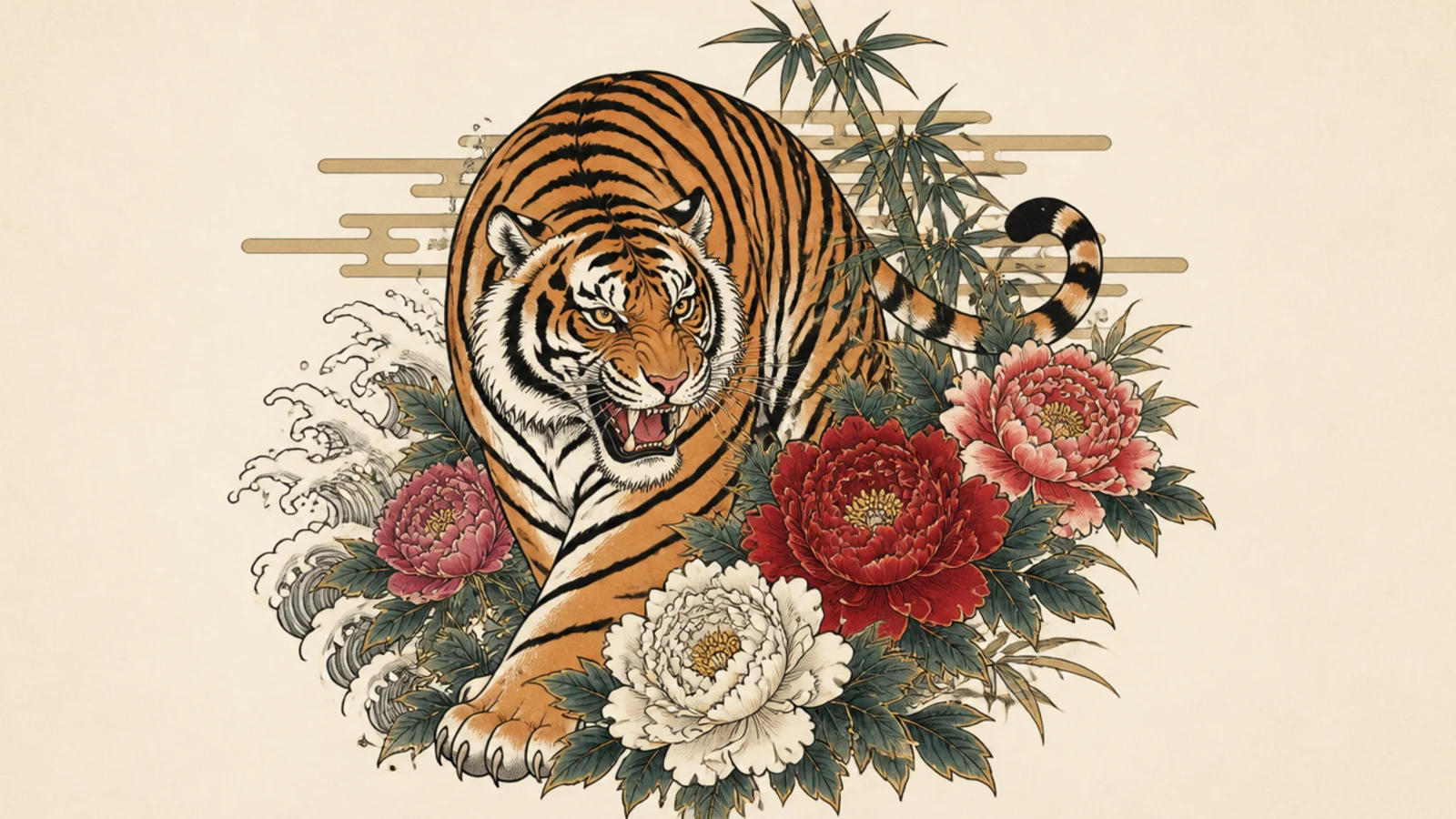 A Japanese-style tiger surrounded by blooming peony flowers