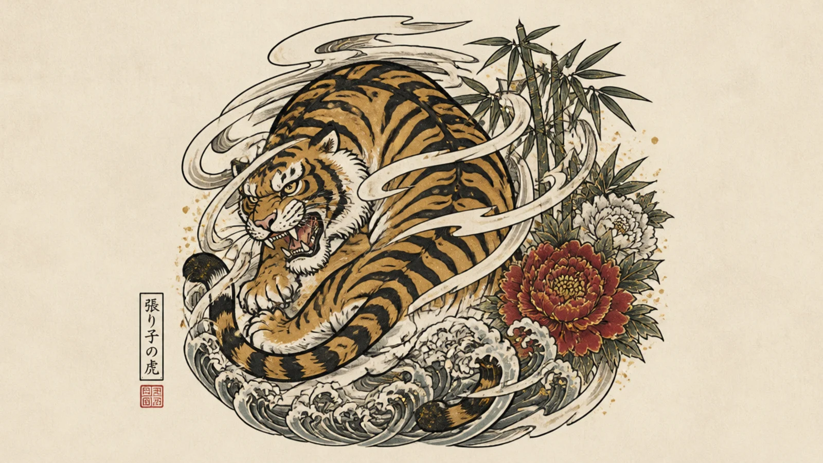 A crouching Japanese-style tiger among swirling wind bars