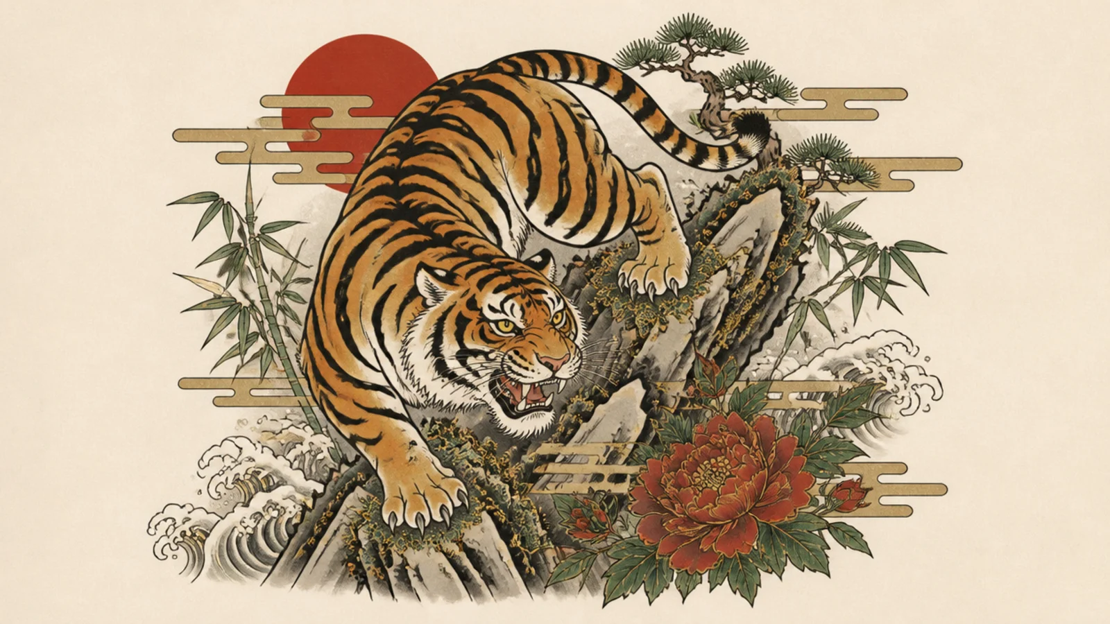 A Japanese-style tiger climbing over craggy rocks