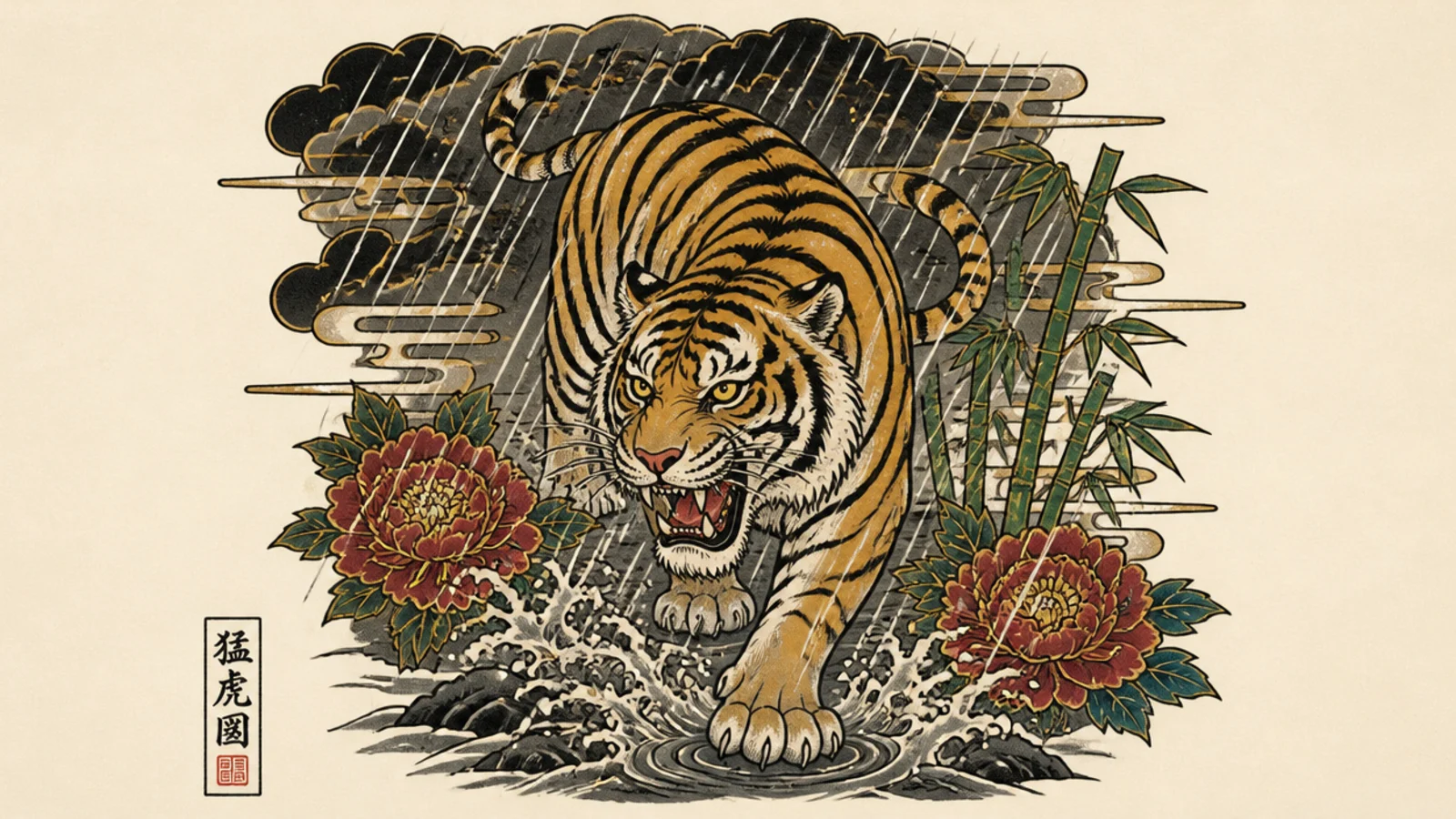 A Japanese-style tiger walking through slanting rain lines