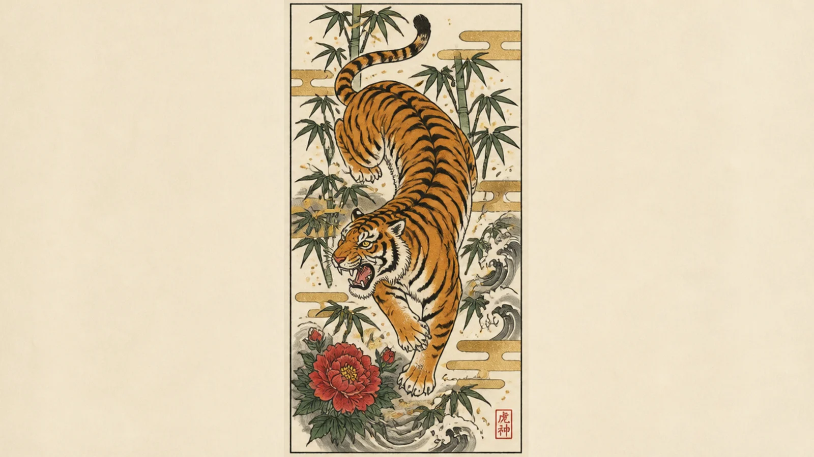 A Japanese-style tiger arranged in a tall vertical scroll composition