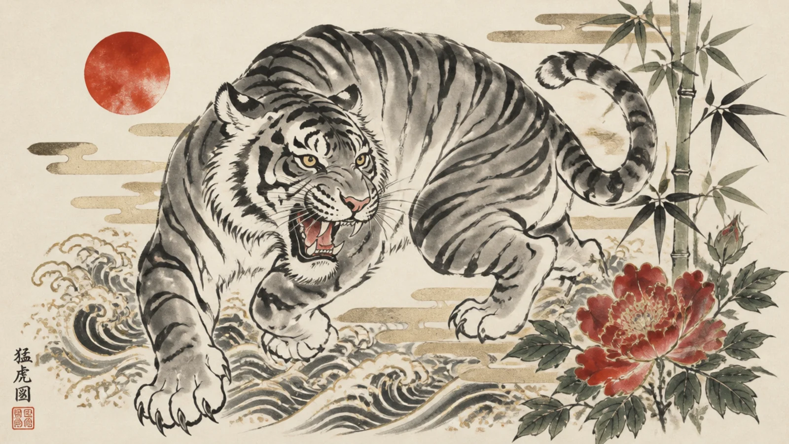 A loose sumi-e brush-ink tiger with tonal washes