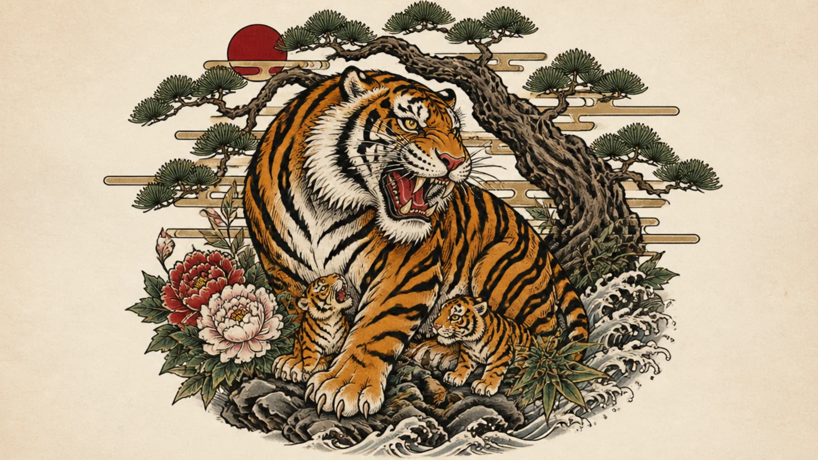 A Japanese-style adult tiger with cubs among pine and rocks