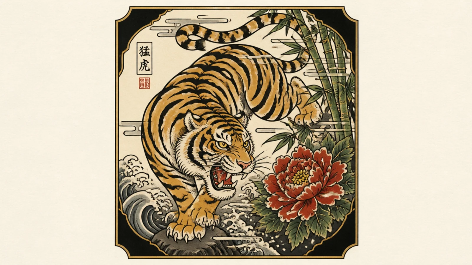 A Japanese-style tiger designed as a bold tattoo flash panel