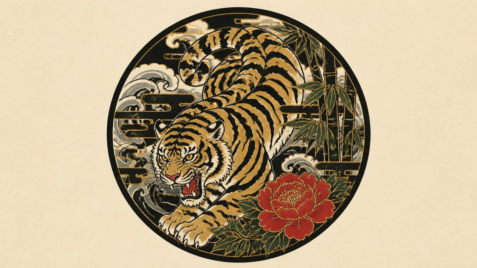 A Japanese-style tiger stylized into a circular family crest