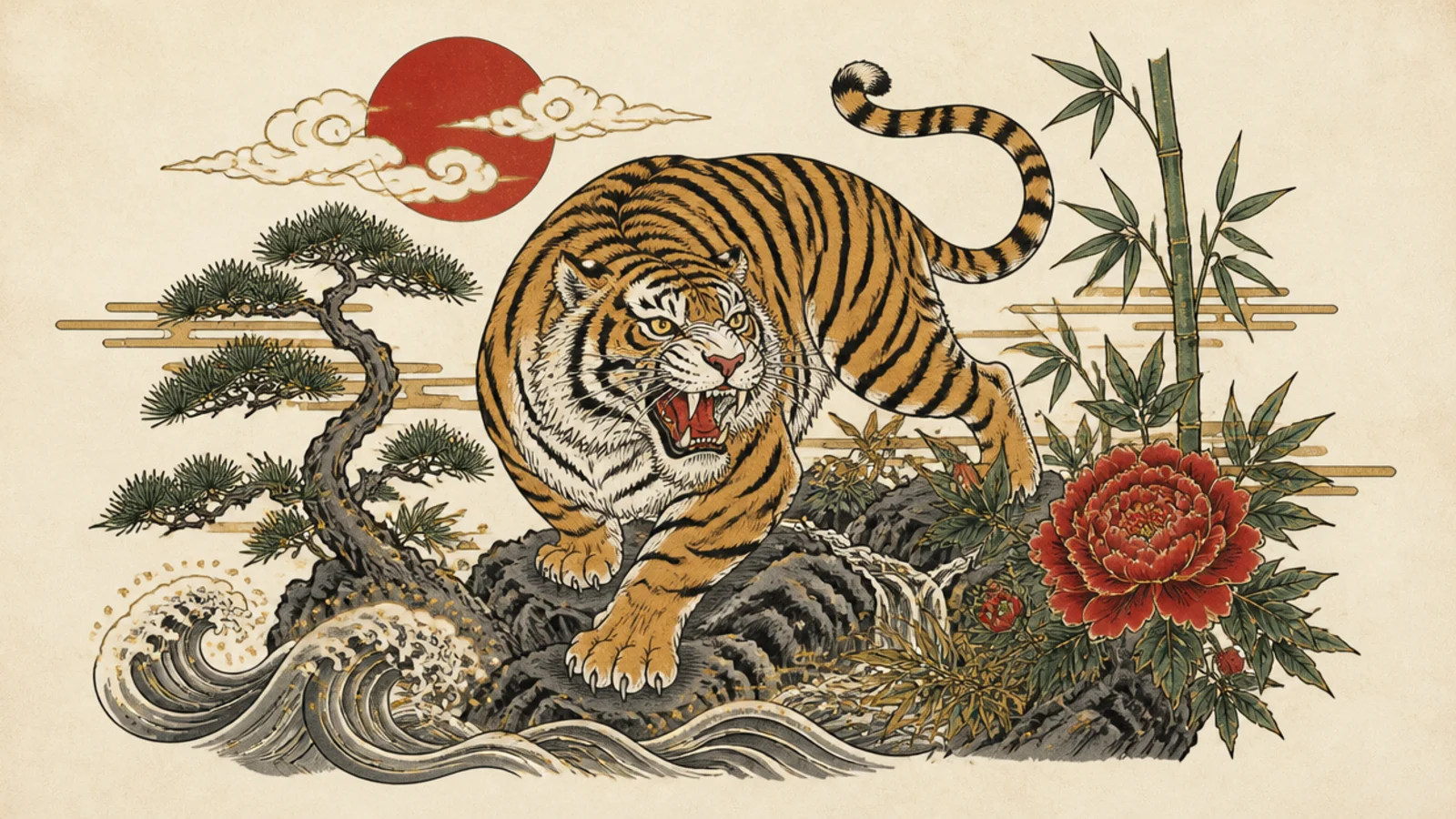 A Japanese-style tiger in a full landscape with waves, moon, and pine