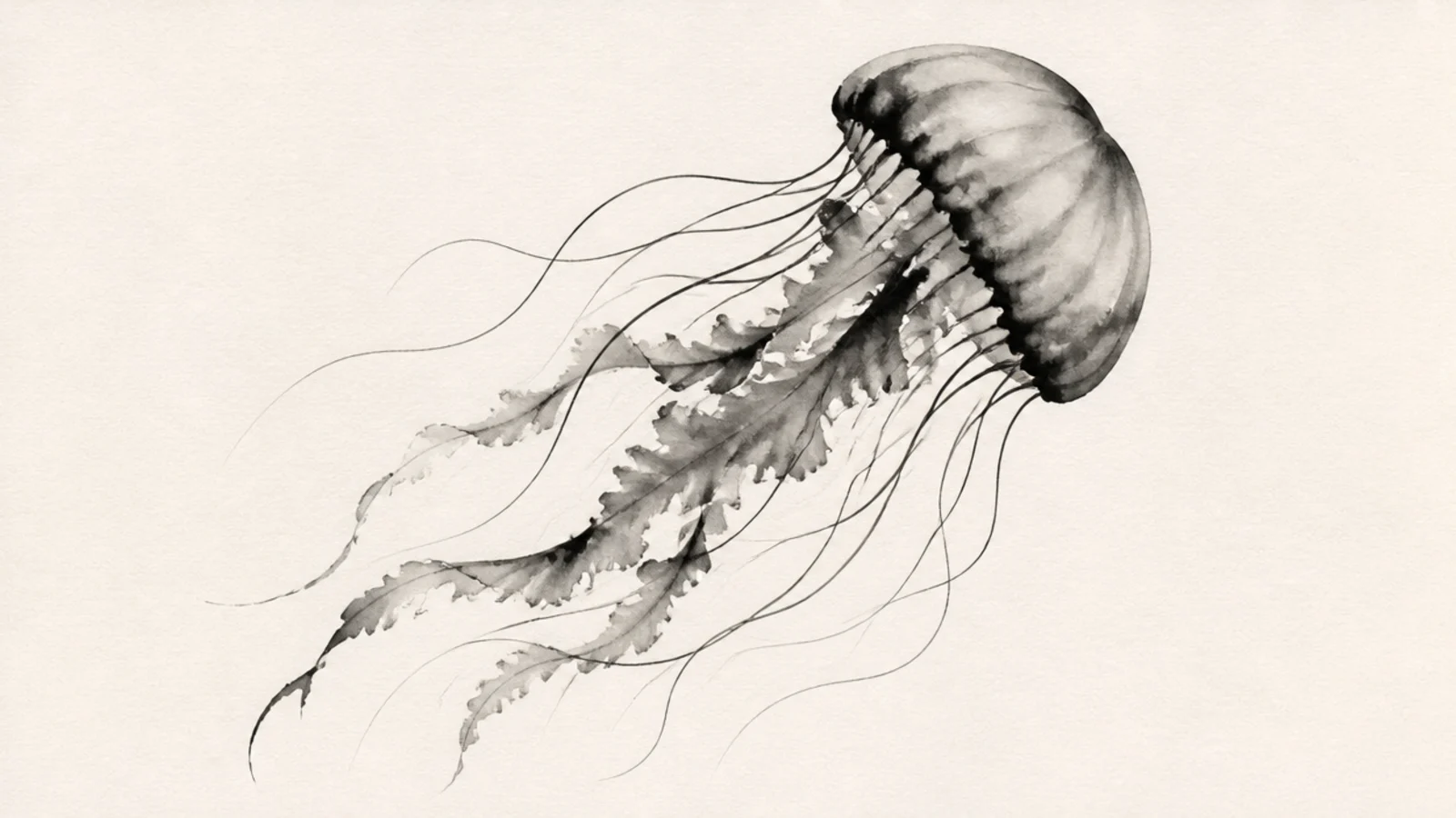 A soft sumi-e style jellyfish painted in flowing black ink washes