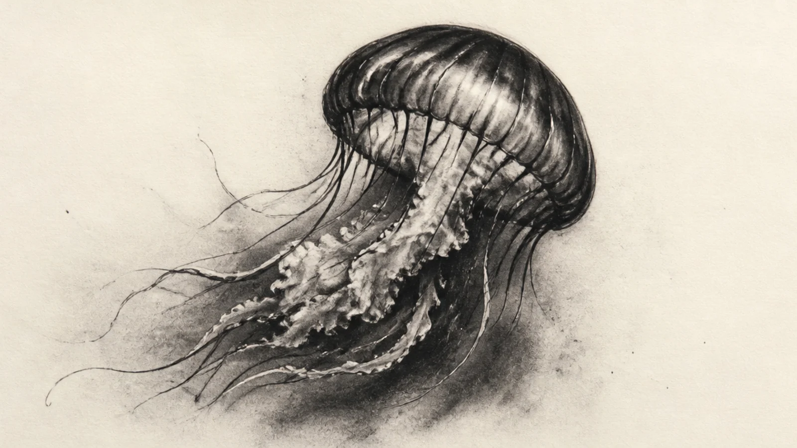 A dramatic jellyfish drawn in smudgy charcoal with deep blacks