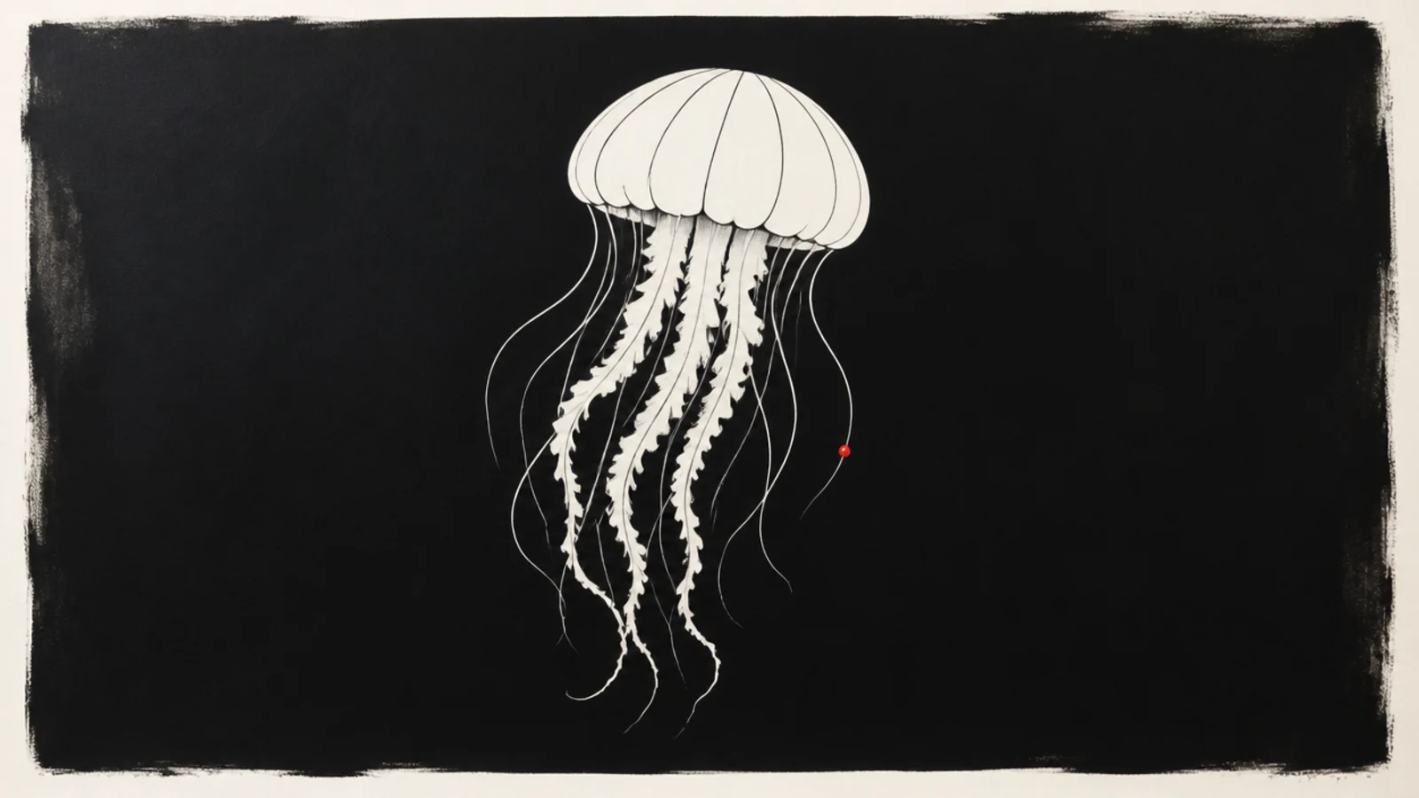 A white jellyfish shape defined by a dark painted background