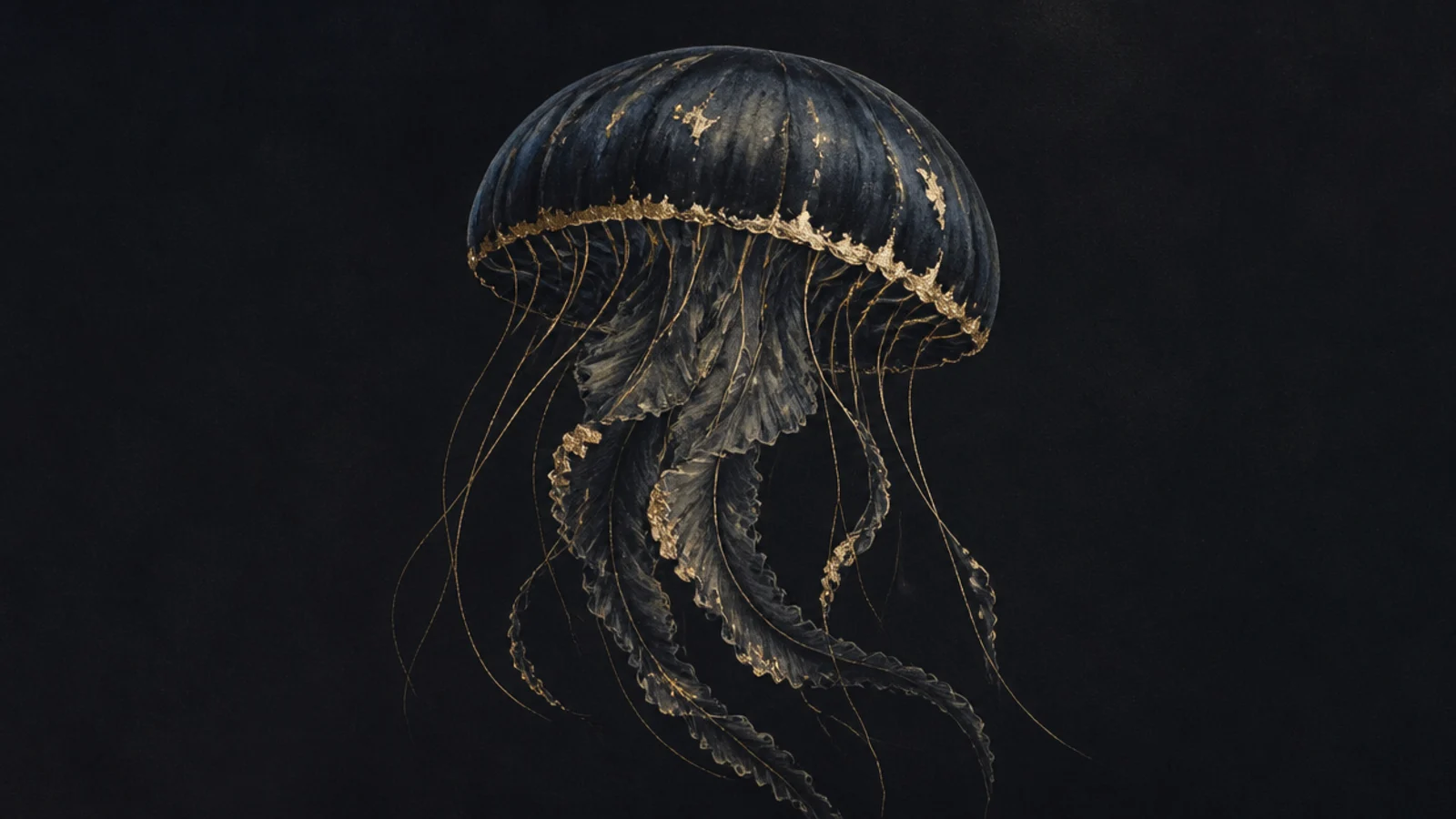 A jellyfish with shimmering gold-leaf accents on a dark background