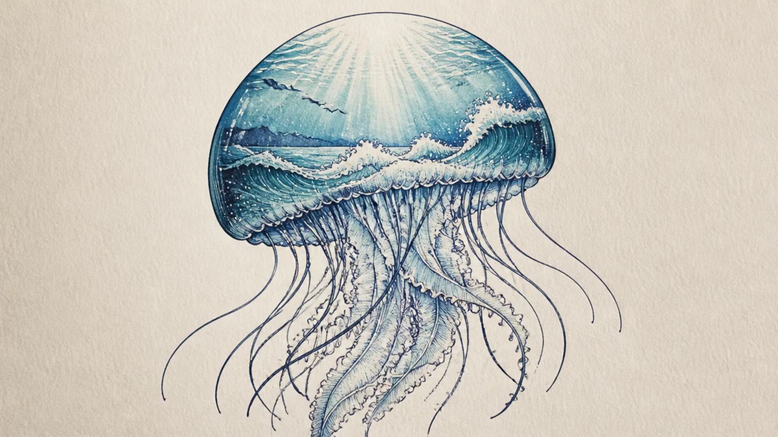 A jellyfish silhouette filled with a soft ocean scene