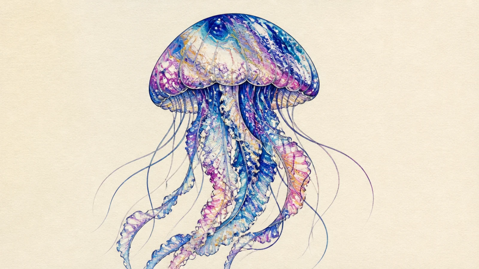 A jellyfish with a fluid acrylic-pour marbled bell
