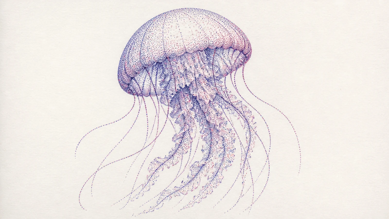 A jellyfish built entirely from tiny colored dots