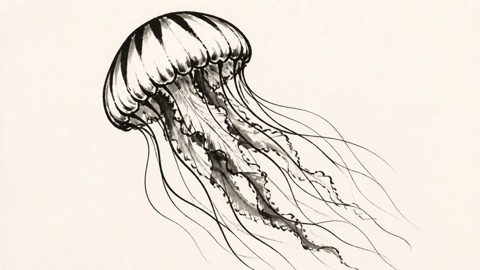 An expressive jellyfish drawn with bold varied brush-pen strokes