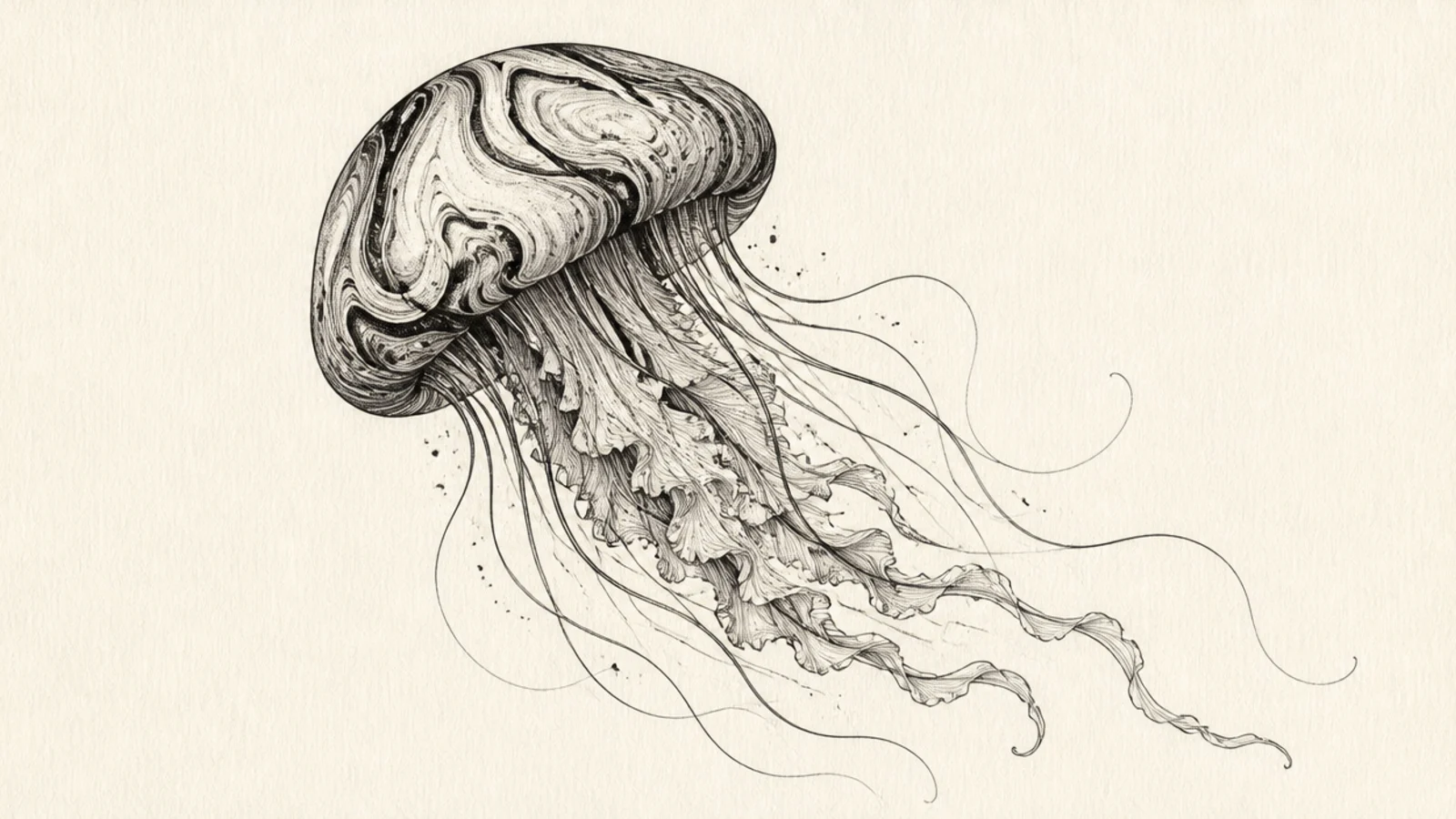 A jellyfish with a swirling marbled ink bell