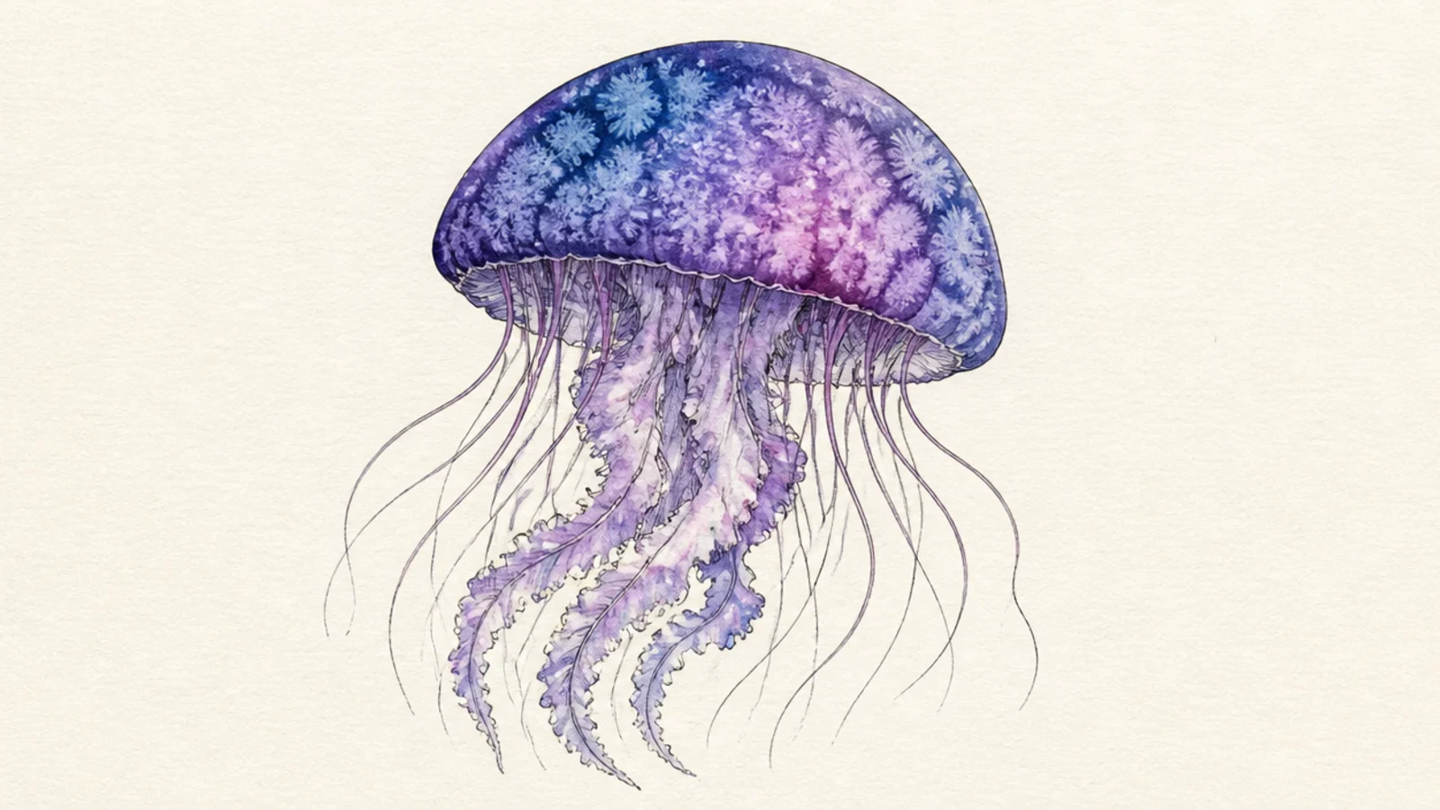 A jellyfish with a watercolor bell textured with salt-bloom patterns