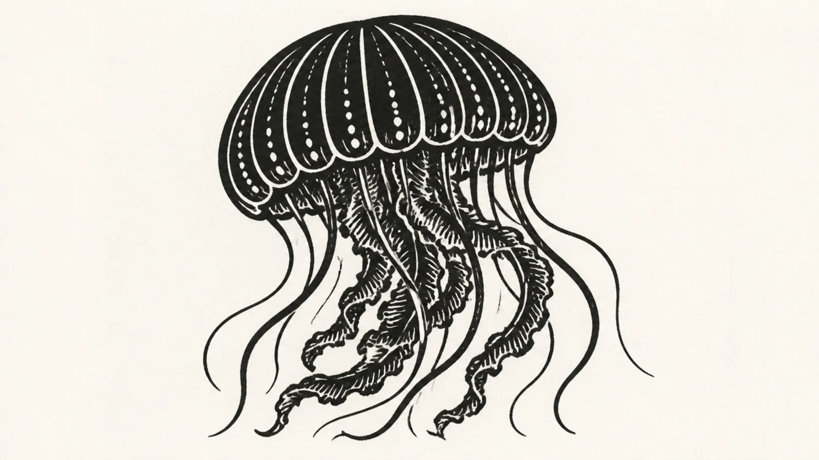 A jellyfish drawn in a bold linocut block-print style