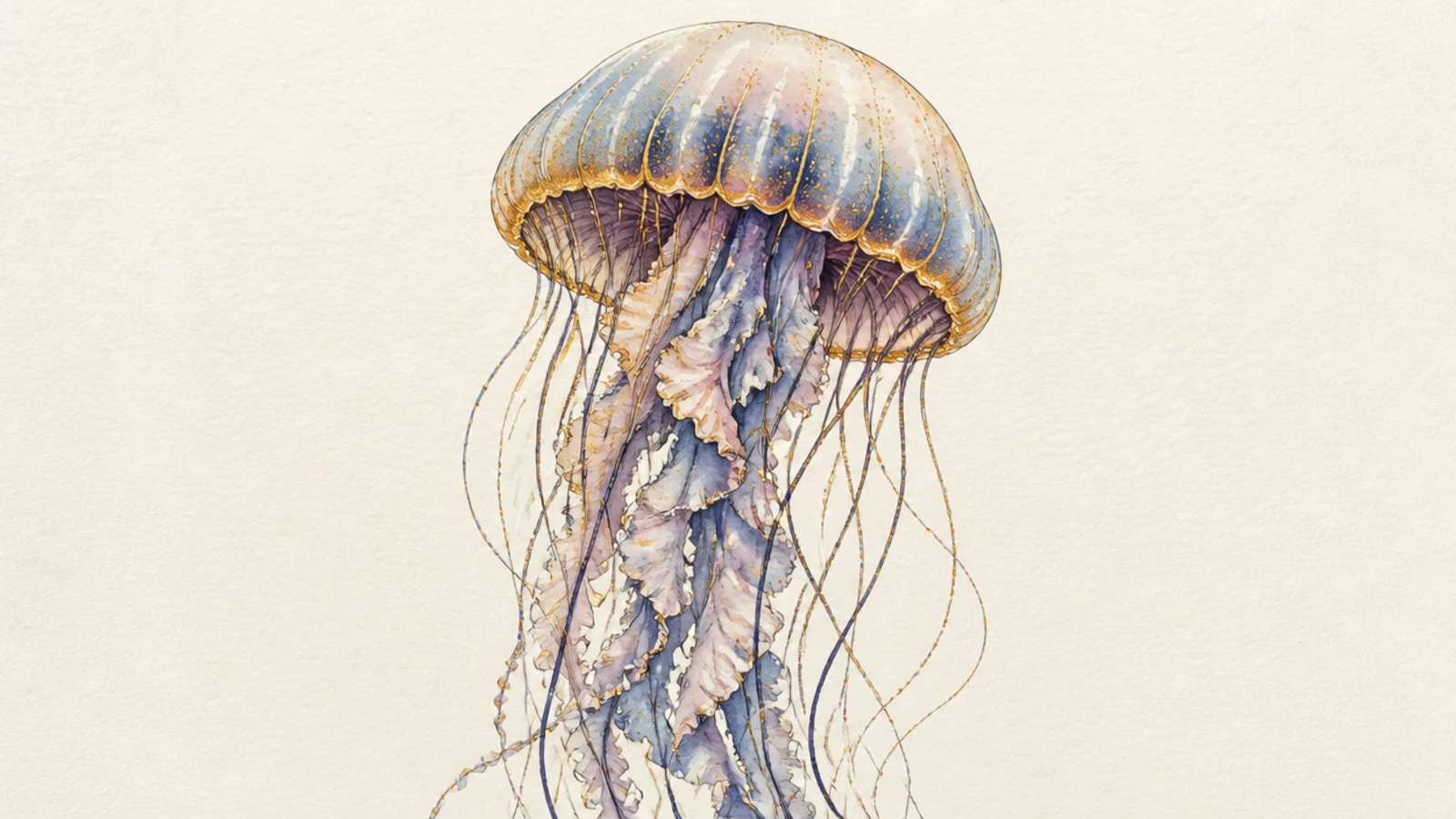 A jellyfish combining ink lines, watercolor wash, and gold accents
