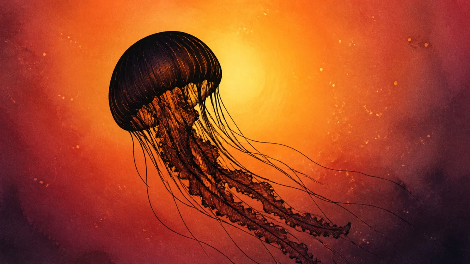 A dark jellyfish silhouette against a glowing sunset wash