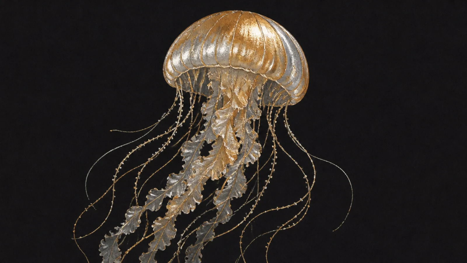 A jellyfish painted in shimmering metallic watercolor
