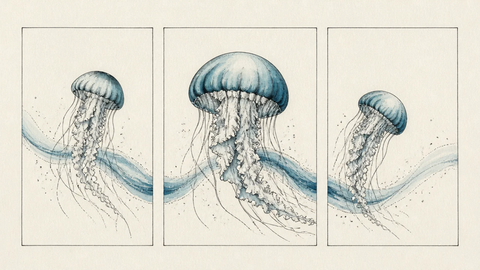 Three panel jellyfish drawings arranged as a gallery triptych