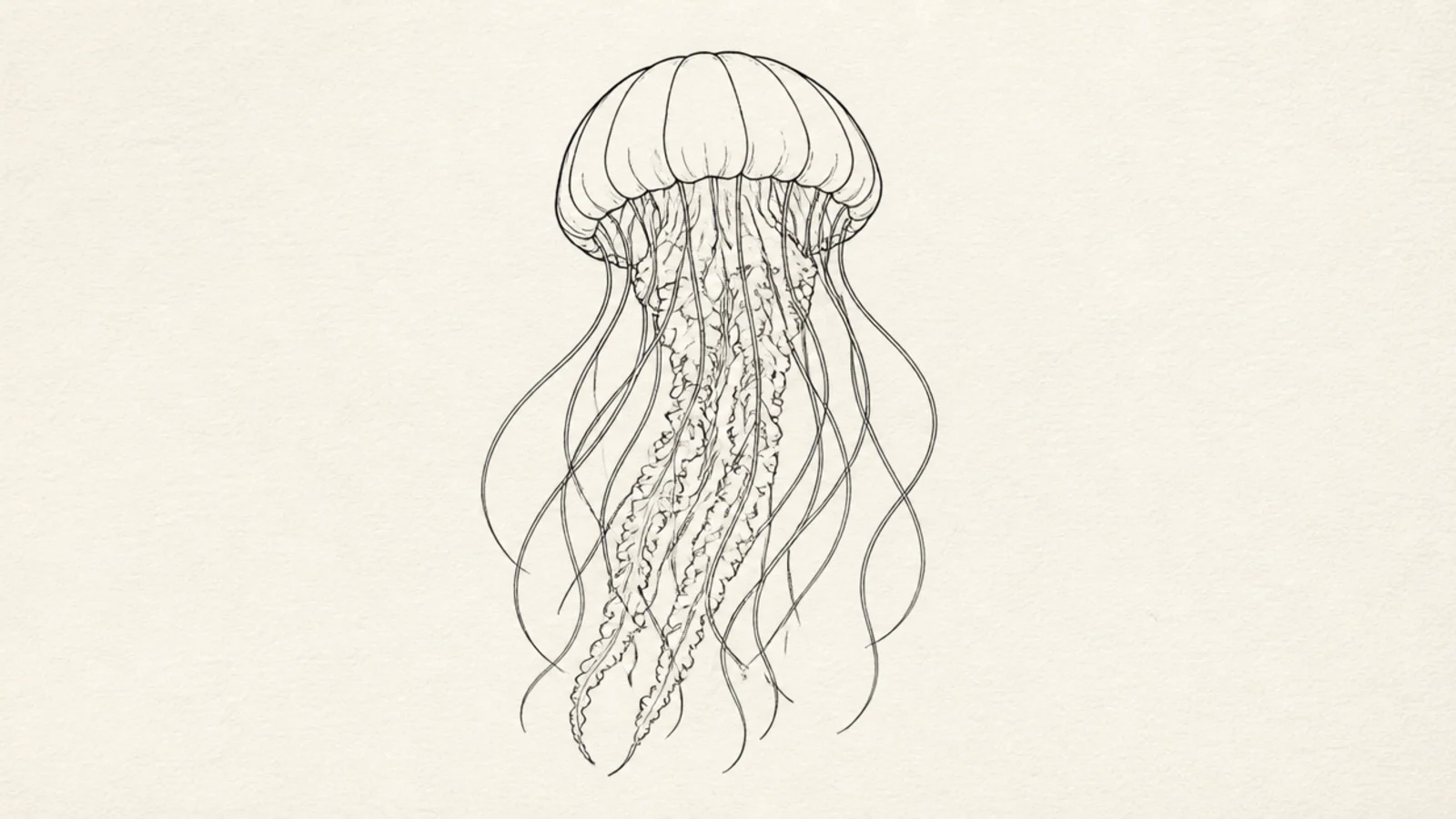 A crisp black line-art jellyfish drawn with a fineliner pen
