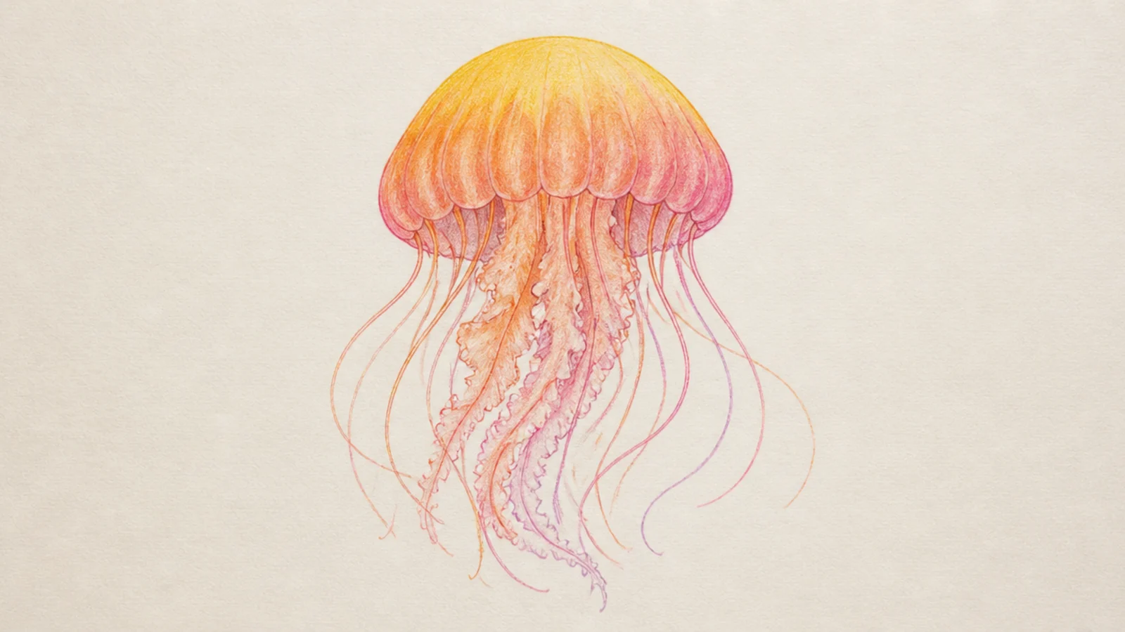 A jellyfish blended in warm sunset colors with colored pencil