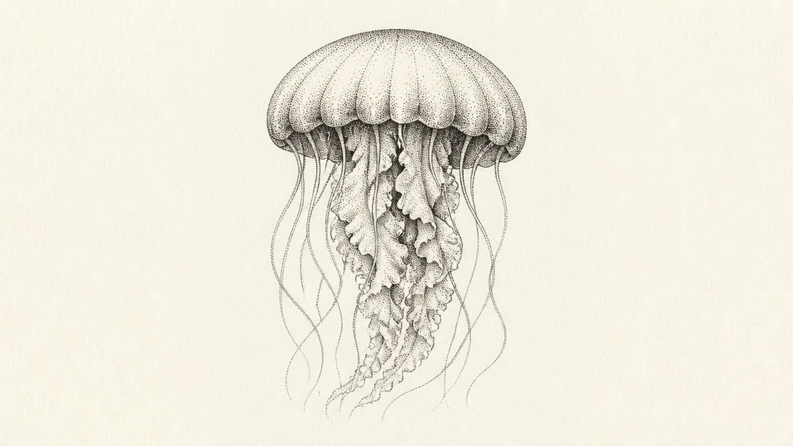 A jellyfish shaded entirely with fine pen stipple dots