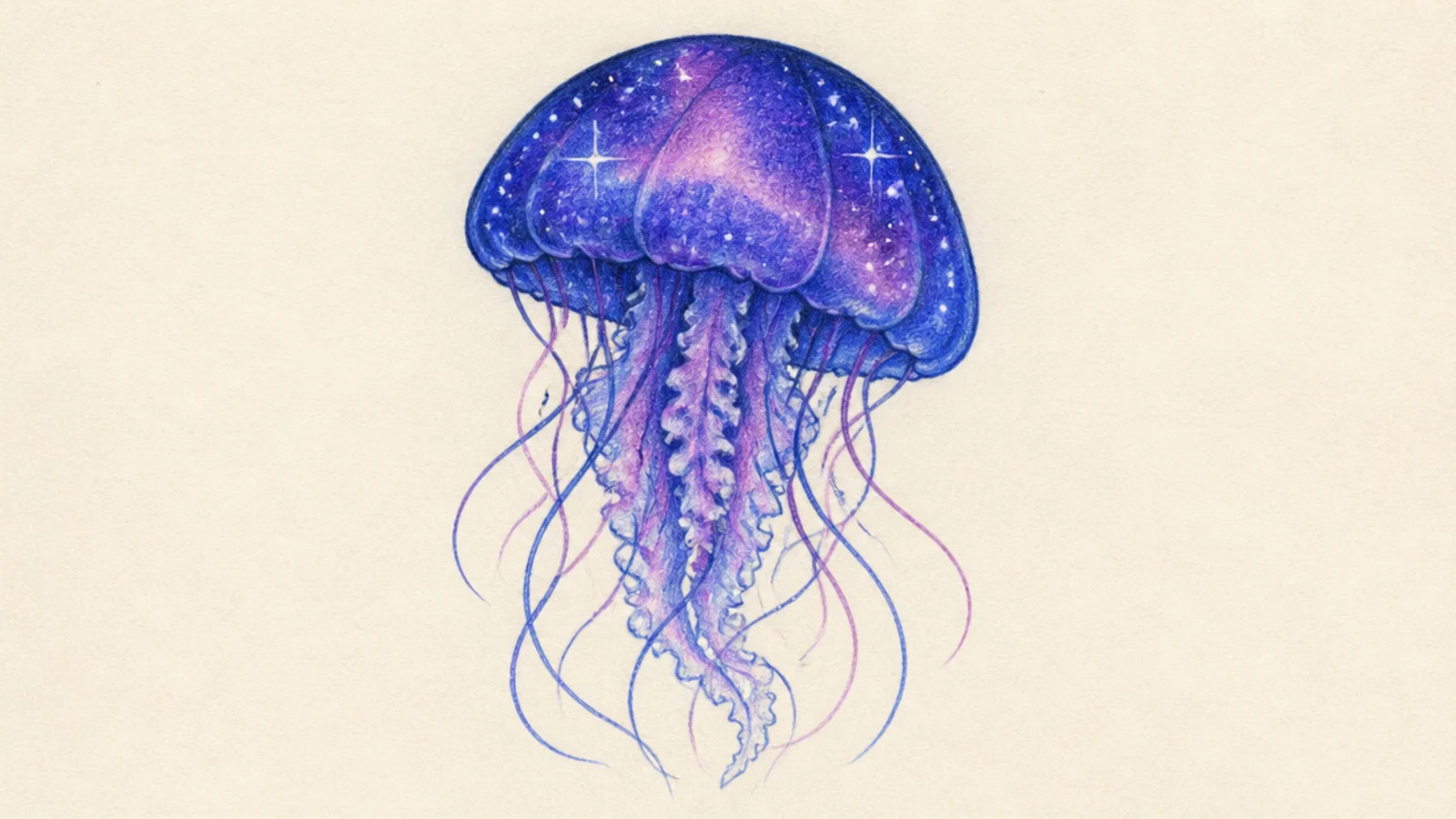 A galaxy jellyfish with a deep blended bell in colored pencil