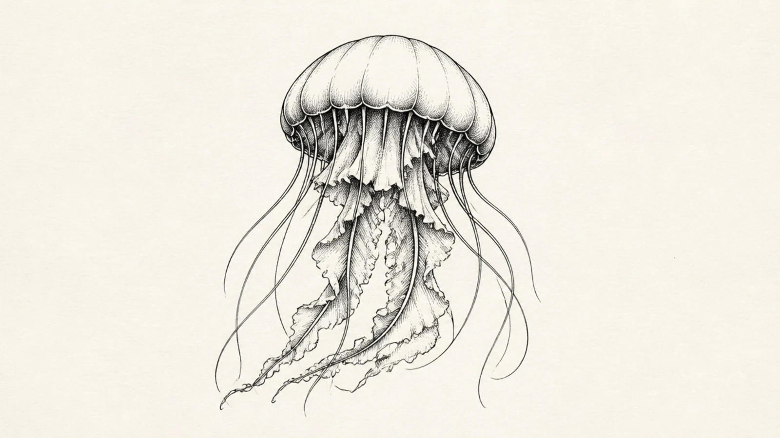 A jellyfish shaded with pen cross-hatching for depth