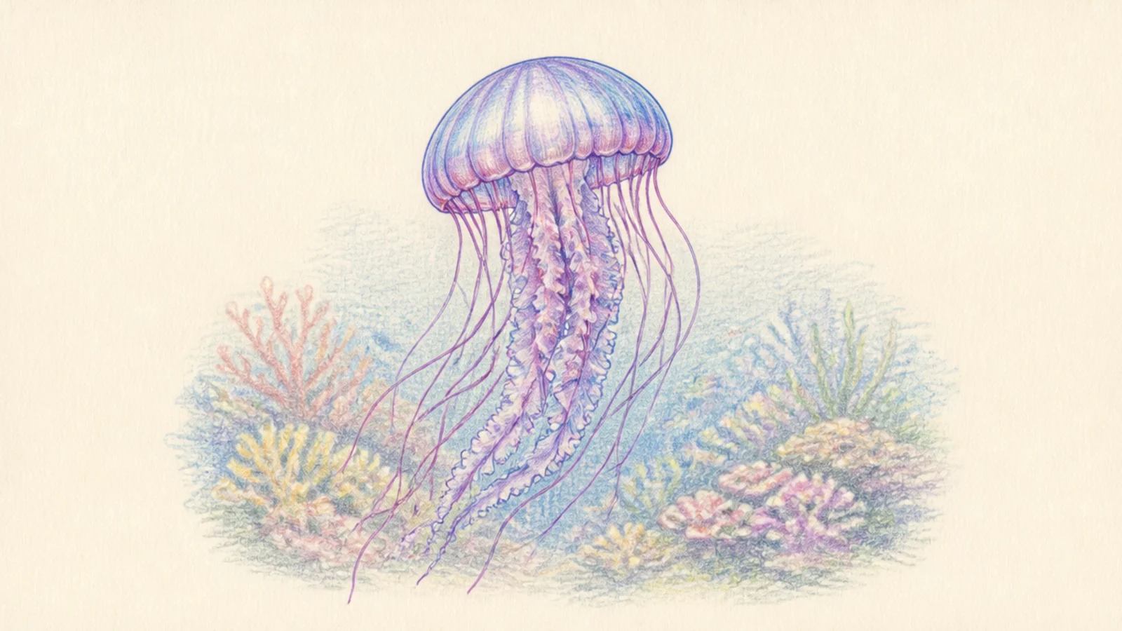 A jellyfish over a soft blended coral reef scene in colored pencil