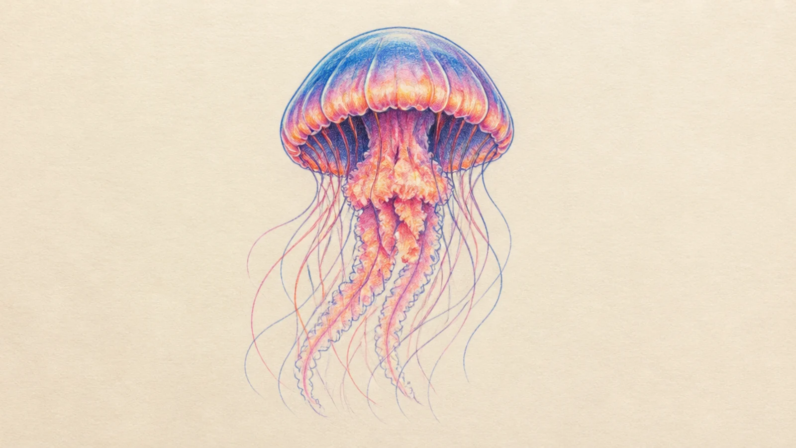 A glowing jellyfish drawn with bright colored pencil on dark paper