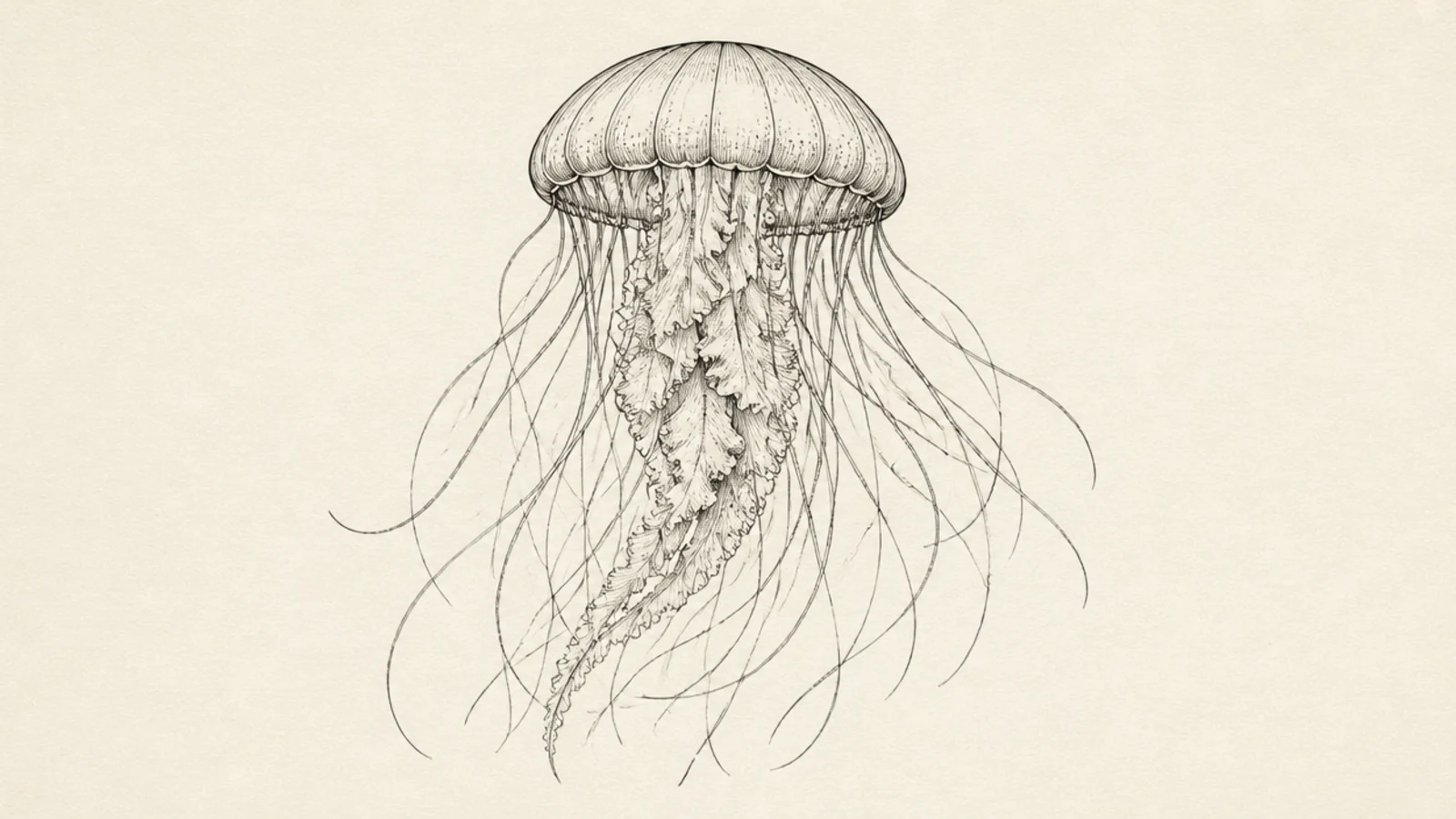 A jellyfish with many fine, detailed tentacles drawn in pen