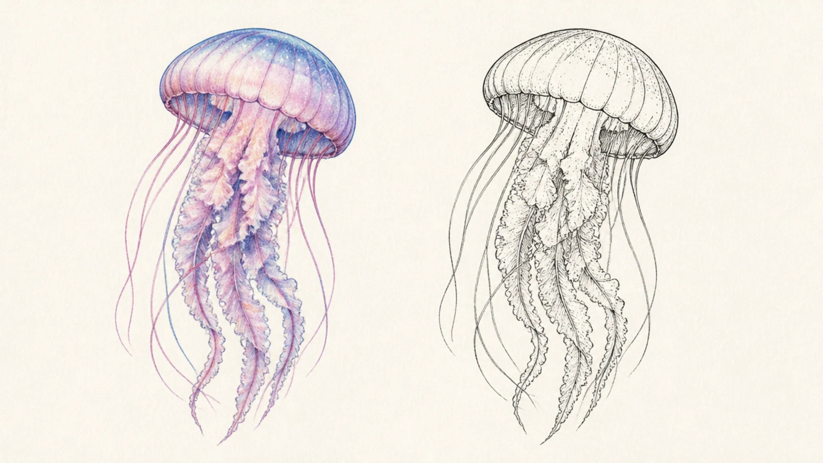 The same jellyfish drawn twice, once in colored pencil and once in pen